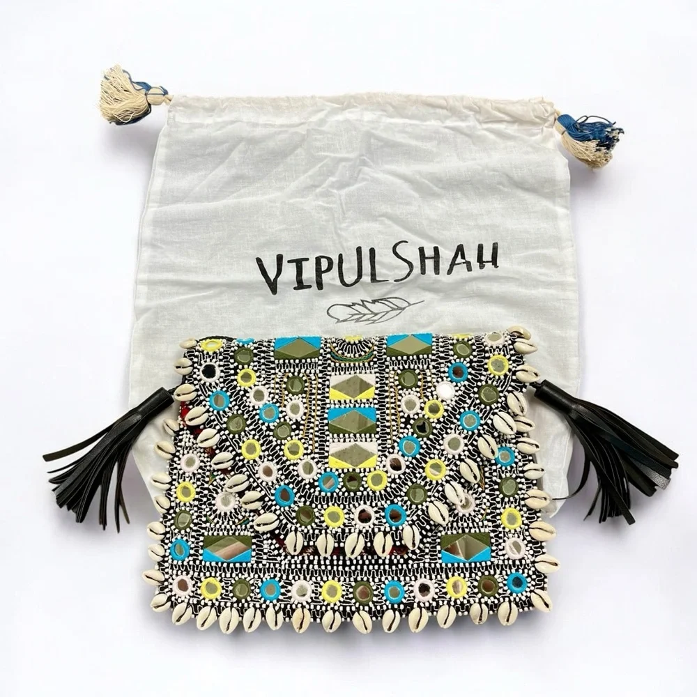 VIPUL SHAH Clutch Shoulder Bag Thikri Shells Leather Mermaid Fisherman Bollywood